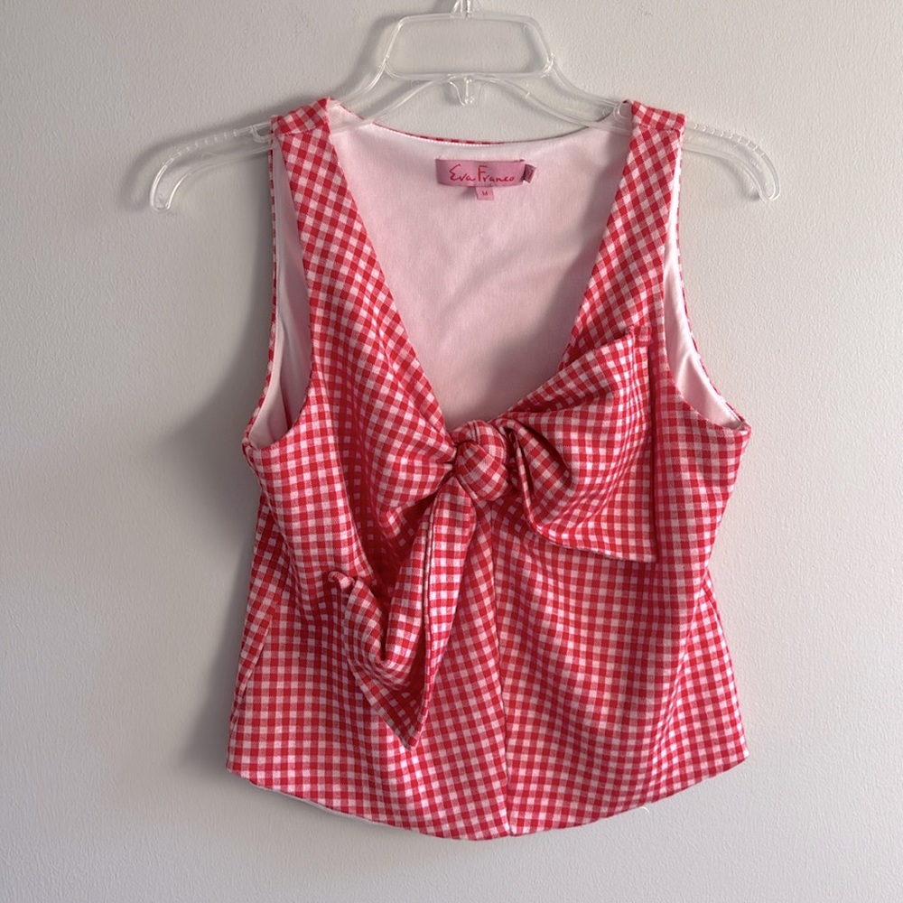 Eva Franco red plaid gingham top with large bow detail